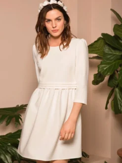 Robe de mariée courte robe de mariage civil col rond3/4 manches zip sur dos