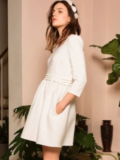 Robe de mariée courte robe de mariage civil col rond3/4 manches zip sur dos