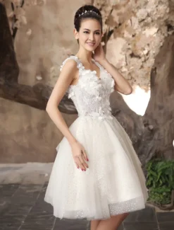 Robe de mariée courte robe de mariage tissu de pailletes décoré des fleur col v dos nu au genou