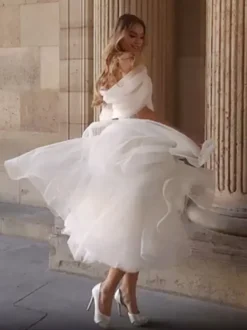 Robe de mariée courte Robe de mariée 2 Pièces boule Avec traîne Ivoire sans manches col V Robes de mariée