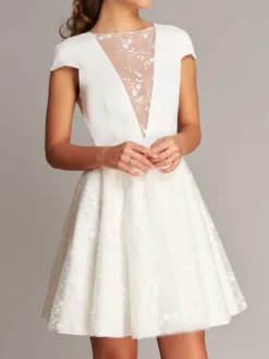 Robe de mariée courte robe de mariage Top col rond manche courte décolleté jupe courte