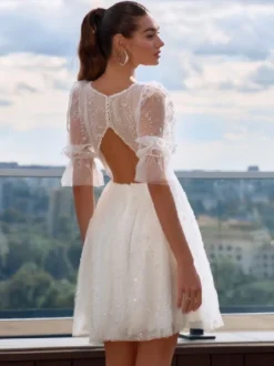 Robe de mariée courte robe mariage civil col V demie manche dos géométrique au genou