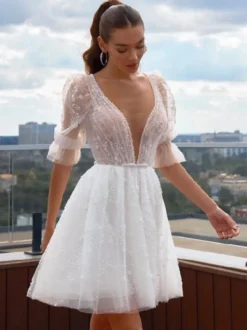 Robe de mariée courte robe mariage civil col V demie manche dos géométrique au genou