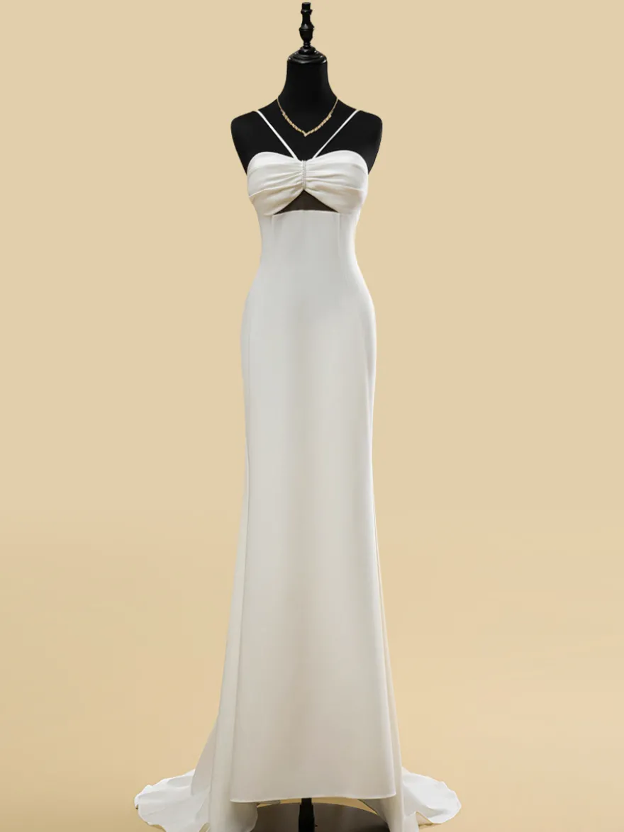 Robe de mariée à décolleté sans manches taille naturelle plissée avec traîne robe de mariée sirène