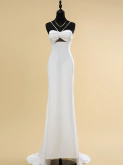 Robe de mariée à décolleté sans manches taille naturelle plissée avec traîne robe de mariée sirène
