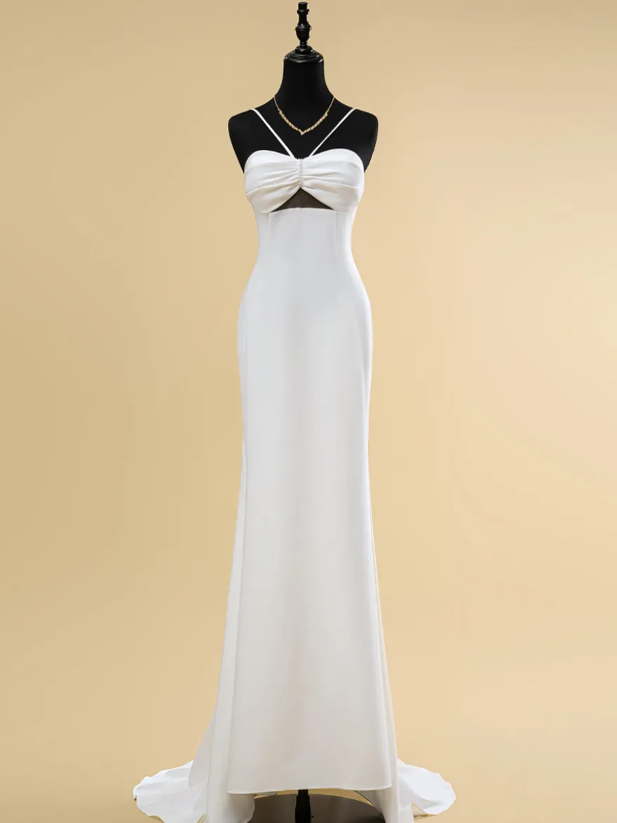 Robe de mariée à décolleté sans manches taille naturelle plissée avec traîne robe de mariée sirène