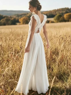 Robe de mariée deux pièces en dentelle à col en V longue jusqu'au sol sans manches fermeture éclair.