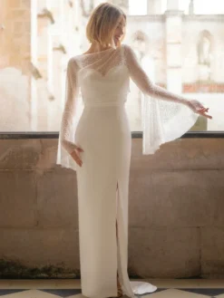 Robe de mariée deux pièces en satin en dentelle décolleté robe de bal avec traîne boutons fonctionnels manches longues longueur 30 cm ivoire