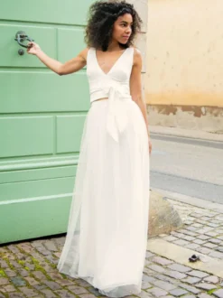 Robe de mariée deux pièces en satin perles col en V longueur au sol lacets sans manches longueur au sol blanche