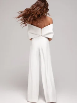 Robe de mariée deux pièces en tissu satiné combinaison à col bateau longueur au sol fermeture éclair sans manches ivoire