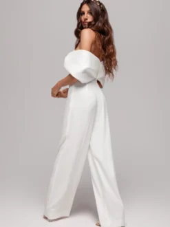 Robe de mariée deux pièces en tissu satiné combinaison à col bateau longueur au sol fermeture éclair sans manches ivoire