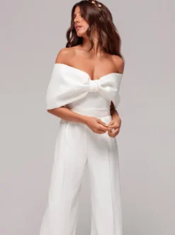 Robe de mariée deux pièces en tissu satiné combinaison à col bateau longueur au sol fermeture éclair sans manches ivoire