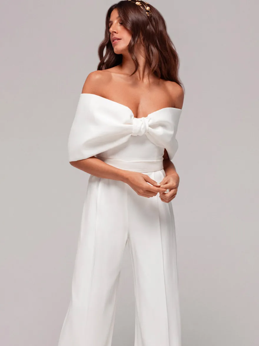 Robe de mariée deux pièces en tissu satiné combinaison à col bateau longueur au sol fermeture éclair sans manches ivoire