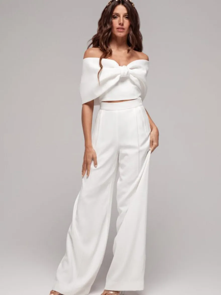 Robe de mariée deux pièces en tissu satiné combinaison à col bateau longueur au sol fermeture éclair sans manches ivoire