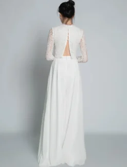 Robe de mariée deux pièces Haut et pantalon col montant manche longue boutonné sur dos