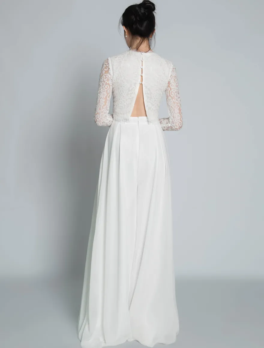 Robe de mariée deux pièces Haut et pantalon col montant manche longue boutonné sur dos