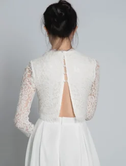 Robe de mariée deux pièces Haut et pantalon col montant manche longue boutonné sur dos