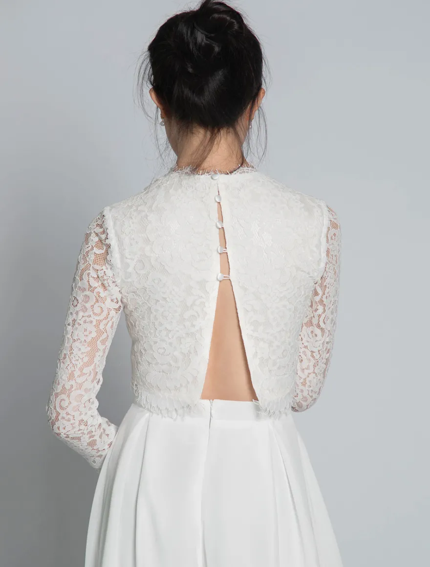 Robe de mariée deux pièces Haut et pantalon col montant manche longue boutonné sur dos