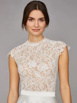 Robe de mariée deux pièces haut en dentelle jupe en satin col rond sans manche zip sur dos