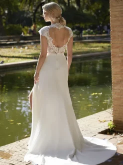 Robe de mariée deux pièces robe de mariée bohème haut en dentelle col montant jupe en mosseline de soie