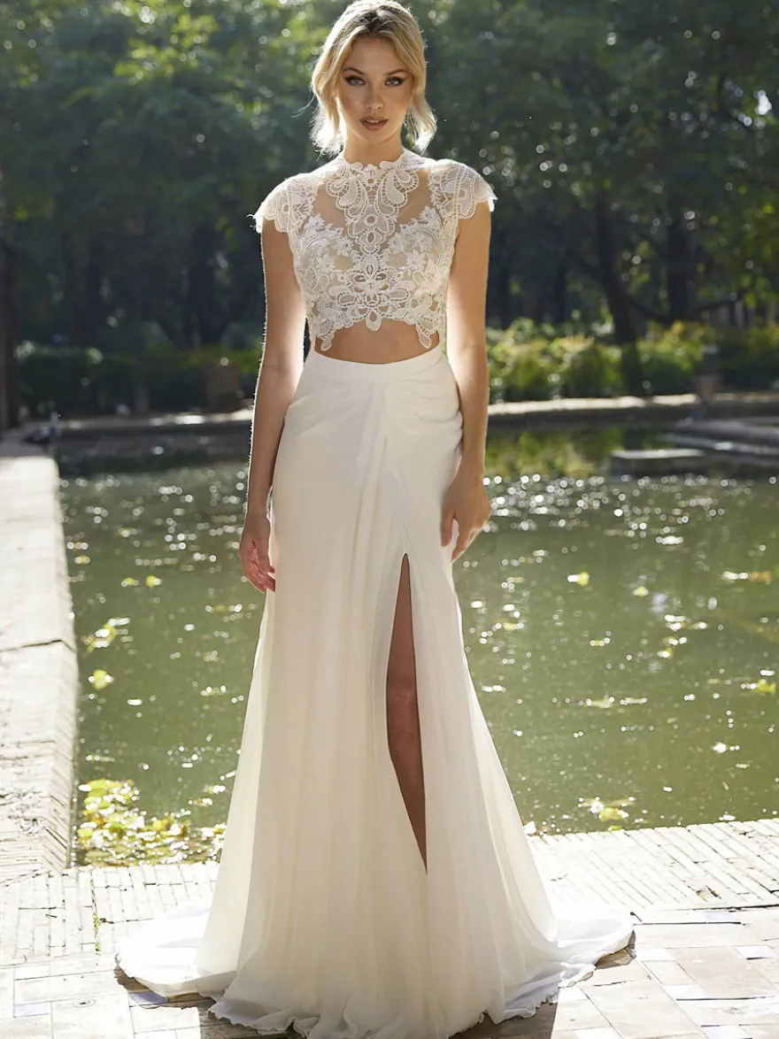 Robe de mariée deux pièces robe de mariée bohème haut en dentelle col montant jupe en mosseline de soie
