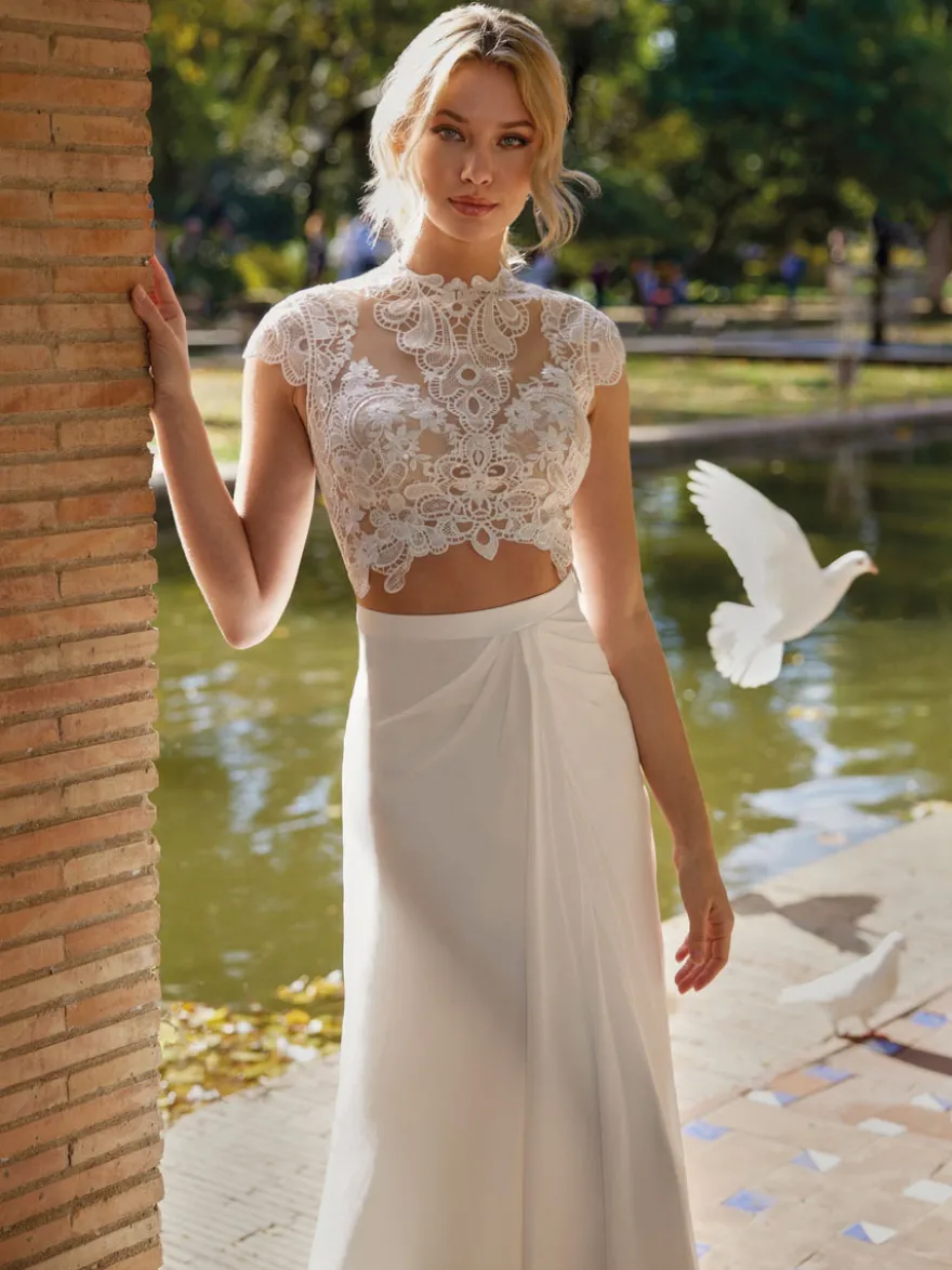 Robe de mariée deux pièces robe de mariée bohème haut en dentelle col montant jupe en mosseline de soie