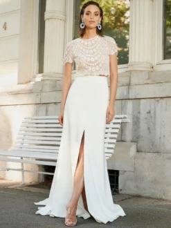 Robe de mariée deux pièces top en dentelle jupe fendue boutonné sur dos à traîne