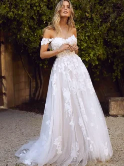 Robe de mariée en dentelle blanche hors de l'épaule à traîne Robe de mariage