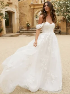 Robe de mariée en dentelle blanche hors de l'épaule à traîne Robe de mariage