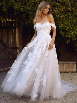 Robe de mariée en dentelle blanche hors de l'épaule à traîne Robe de mariage