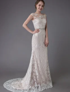 Robe de mariée en dentelle Champagne Jewel sans manches dos nu robe de mariée plage sirène avec train