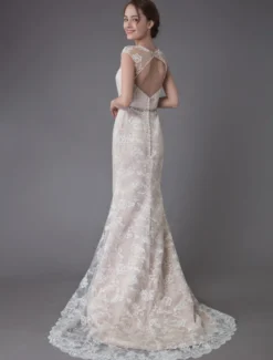 Robe de mariée en dentelle Champagne Jewel sans manches dos nu robe de mariée plage sirène avec train