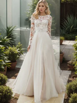 Robe de mariée en dentelle col rond manche longue dos en V à traîne