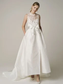 Robe de mariée ivoire deux pièces en dentelle col bijou A-ligne robe de mariée sans manches longueur cheville