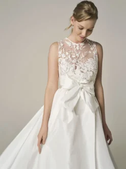 Robe de mariée ivoire deux pièces en dentelle col bijou A-ligne robe de mariée sans manches longueur cheville