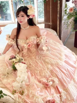 Robe de mariée Lolita princesse fée sans bretelles longue jusqu'au sol à plusieurs couches de fleurs