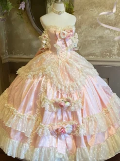 Robe de mariée Lolita princesse fée sans bretelles longue jusqu'au sol à plusieurs couches de fleurs
