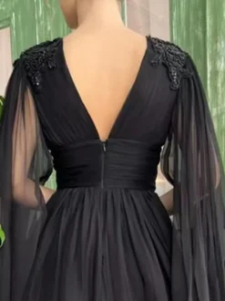 Robe de mariée noire robe de soirée robe de bal col en V mousseline longueur au sol perles robes de soirée