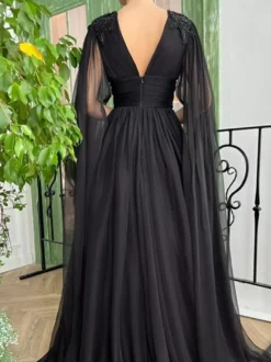 Robe de mariée noire robe de soirée robe de bal col en V mousseline longueur au sol perles robes de soirée