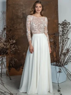 Robe de mariée 2 Pièces en chiffon Ivoire manches longues Robes de mariée