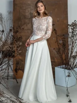 Robe de mariée 2 Pièces en chiffon Ivoire manches longues Robes de mariée