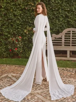Robe de mariée 3 pièces en crêpe extensible boutons col en V sirène avec traîne amovible boutons fonctionnels manches longues