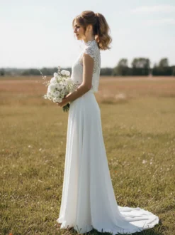 Robe de mariée 3 pièces en dentelle et mousseline décolleté illusion fermeture éclair manches courtes