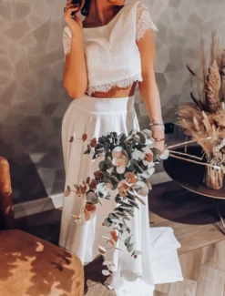Robe de mariée 2 Pièces en dentelle Ivoire manches courtes Robes de mariée