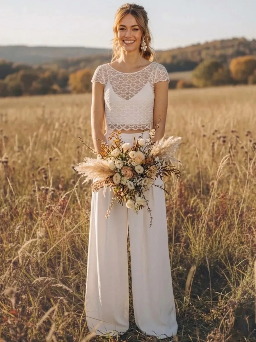 Robe de mariée 3 pièces en dentelle et mousseline décolleté illusion longueur au sol fermeture éclair manches courtes