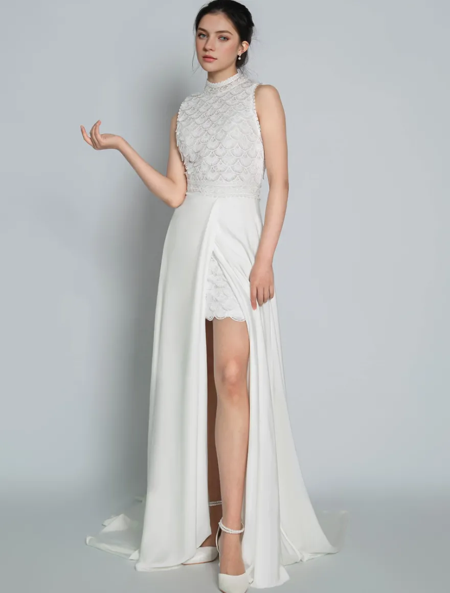 Robe de mariée 2 Pièces en dentelle Ivoire sans manches Robe de Mariée Simple Robes de mariée