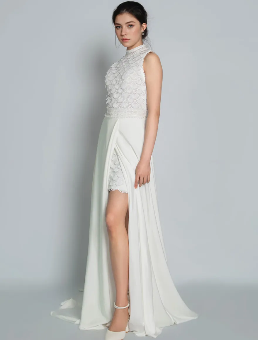 Robe de mariée 2 Pièces en dentelle Ivoire sans manches Robe de Mariée Simple Robes de mariée