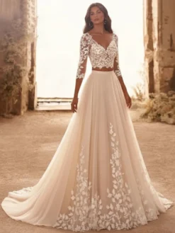 Robe de mariée 2 Pièces en tulle Crème Vanille manches 3/4 Robe de mariée dentelle Robes de mariée