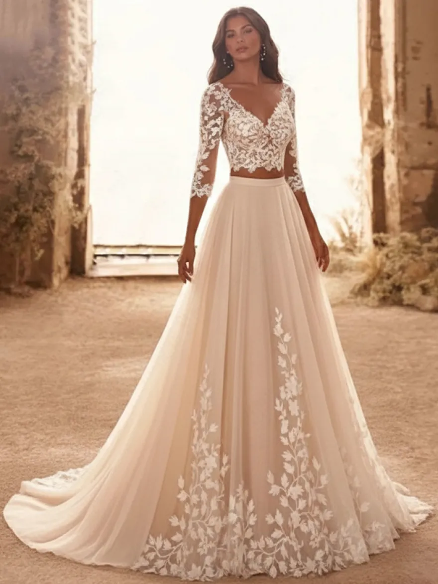 Robe de mariée 2 Pièces en tulle Crème Vanille manches 3/4 Robe de mariée dentelle Robes de mariée