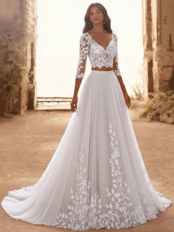 Robe de mariée 2 Pièces en tulle Crème Vanille manches 3/4 Robe de mariée dentelle Robes de mariée
